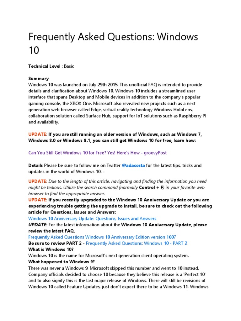 Question On Windows Update , Frequently Asked Questions: Windows 10 – EBRX