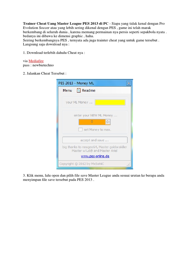 Trainer Cheat Uang Master League PES 2013 Di PC PDF