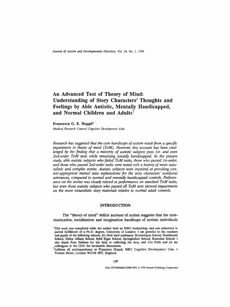 Advanced Theory of Mind in Autism | PDF | Theory Of Mind | Autism