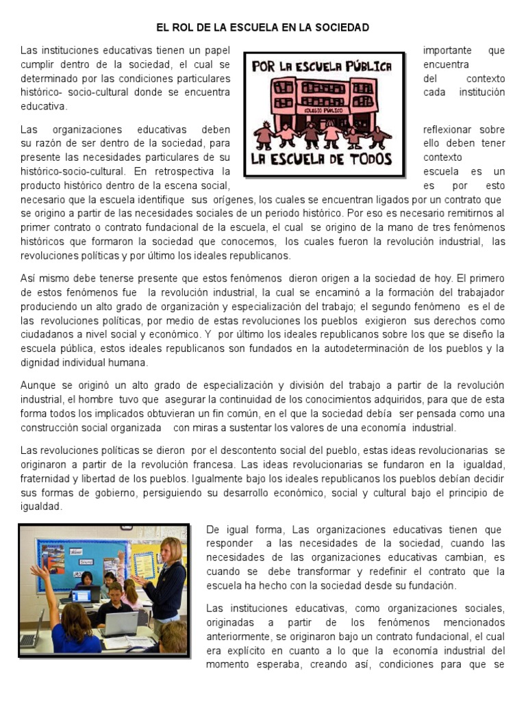 El Rol de La Escuela en La Sociedad | PDF | Igualdad social | Plan de ...