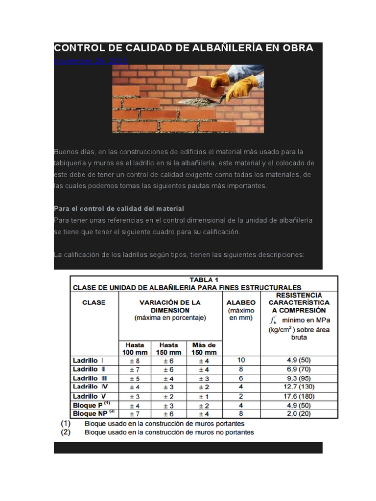 Control de Calidad de Albañilería en Obra | PDF | Muestreo ...