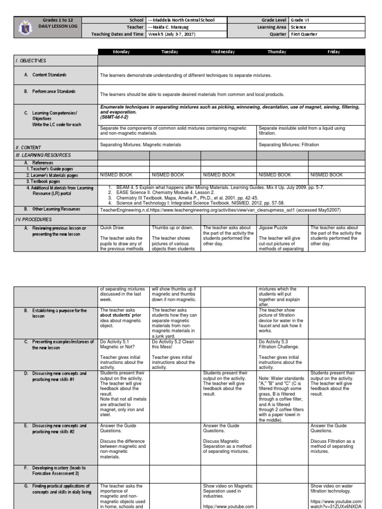 DLL Science Quarter 1 Week 5 PDF Filtration Teachers