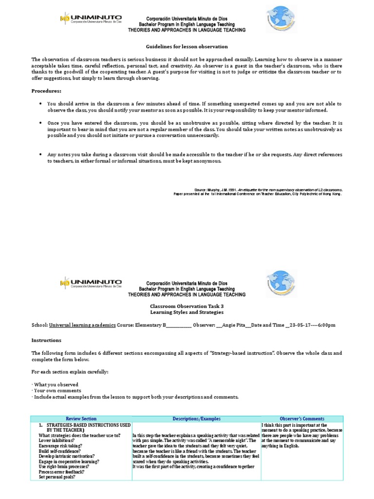 Observation Task 3 Learning Styles and Strategies | PDF | Language ...
