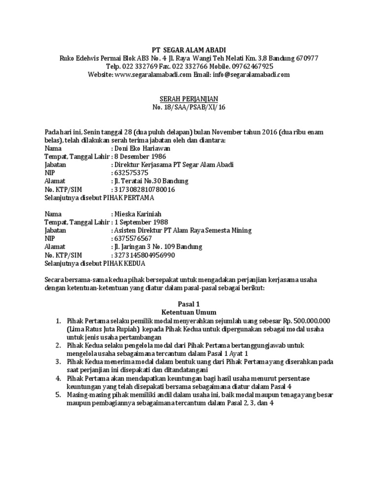 pdf mou kerjasama surat contoh Bagi Perjanjian antar Hasil Contoh Surat Kerjasama Perusahaan