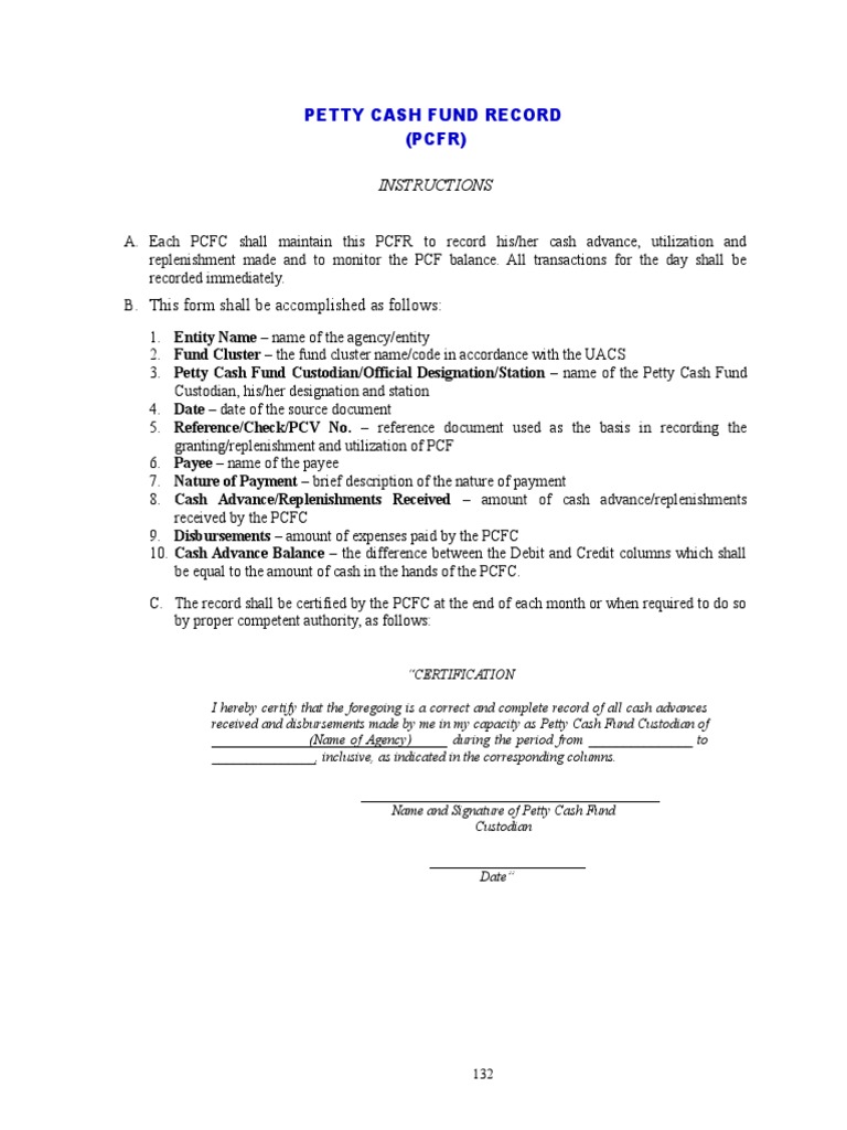 Petty Cash Fund Record Instructions | PDF | Business | Finance & Money ...