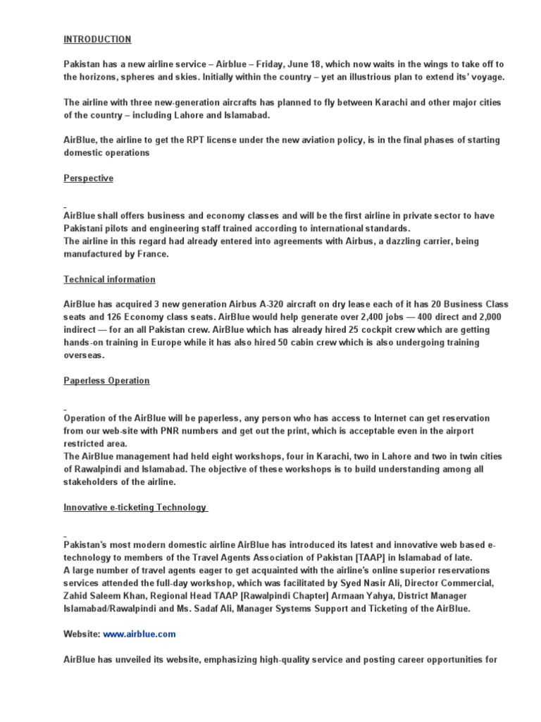 Report On Air Blue Airlines Promotion Marketing Pricing