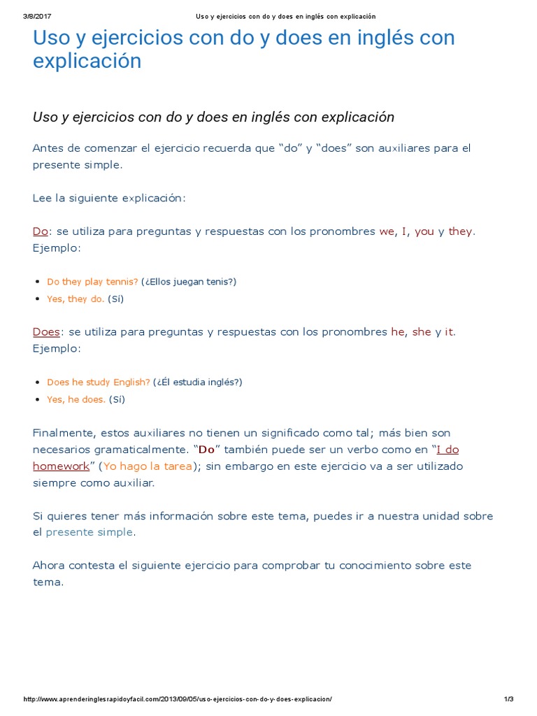 Uso Y Ejercicios Con Do Y Does En Inglés Pdf Sintaxis Lingüística
