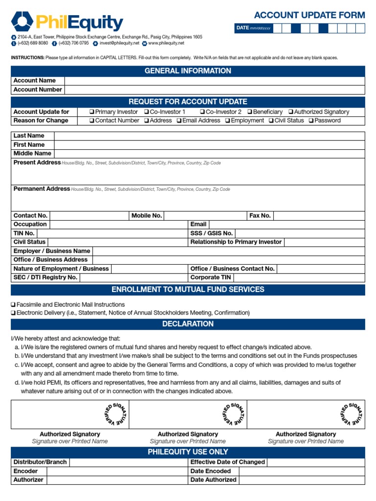PEMI Account Update Form | PDF | Email | Mutual Funds