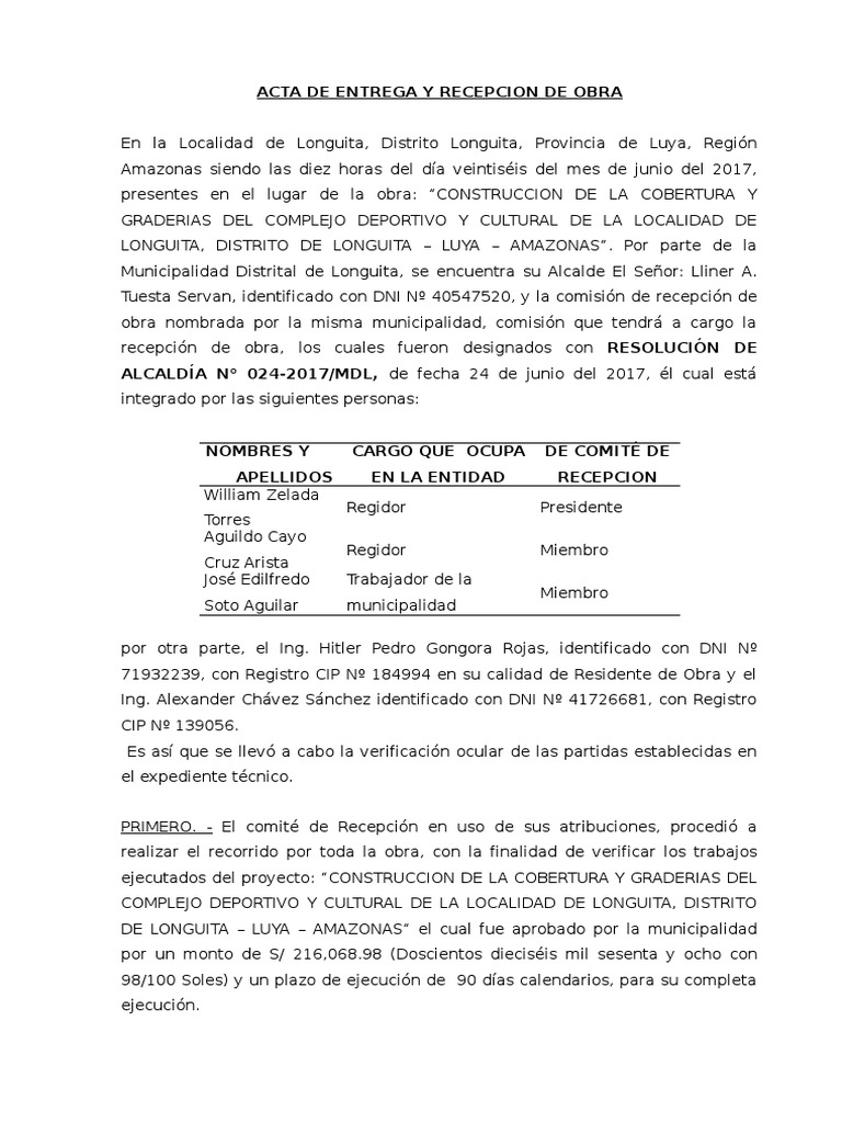 Acta de Entrega y Recepcion de Obra | PDF | Gobierno local | Alcalde