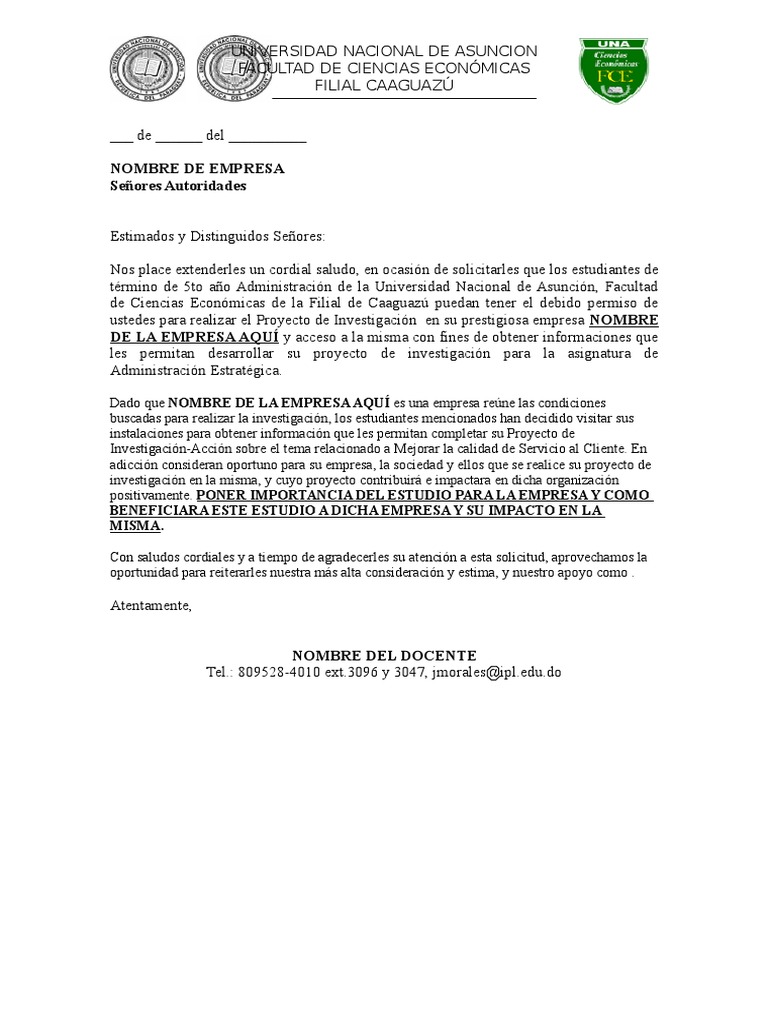 Carta De Solicitud De Permiso Investigación Economias Business