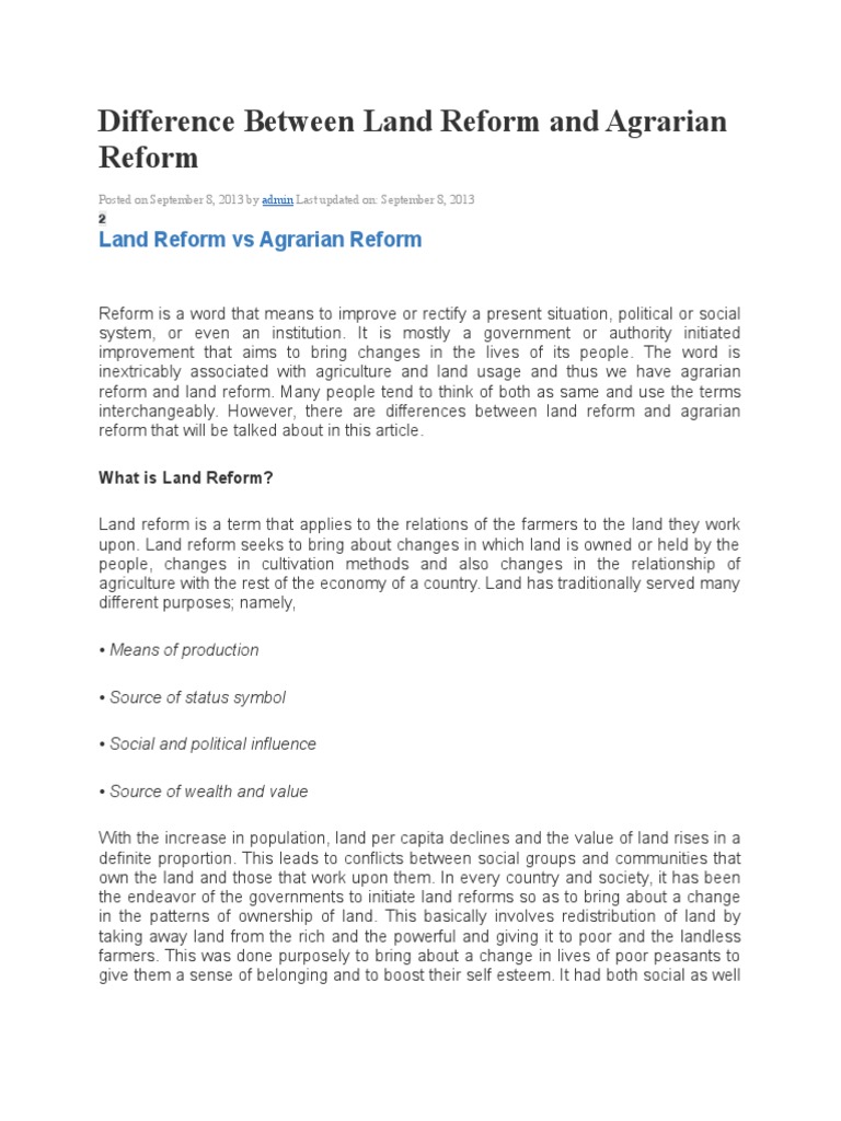 Difference Between Land Reform and Agrarian Reform Land Reform Peasant