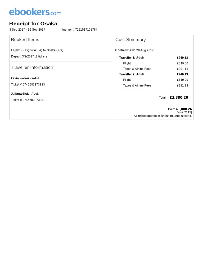 Travel Receipt for Osaka Trip | PDF