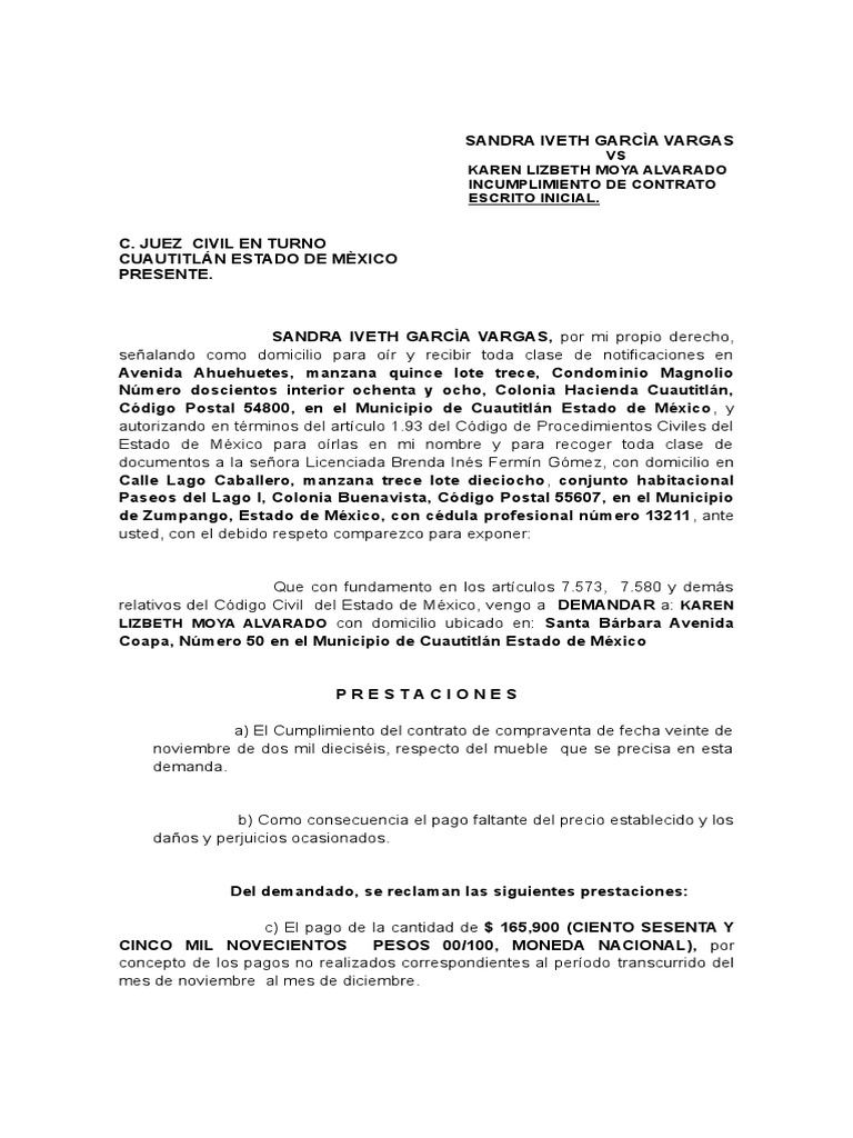 Escrito Inicial de Demanda Compraventa  Pagos  Demanda judicial