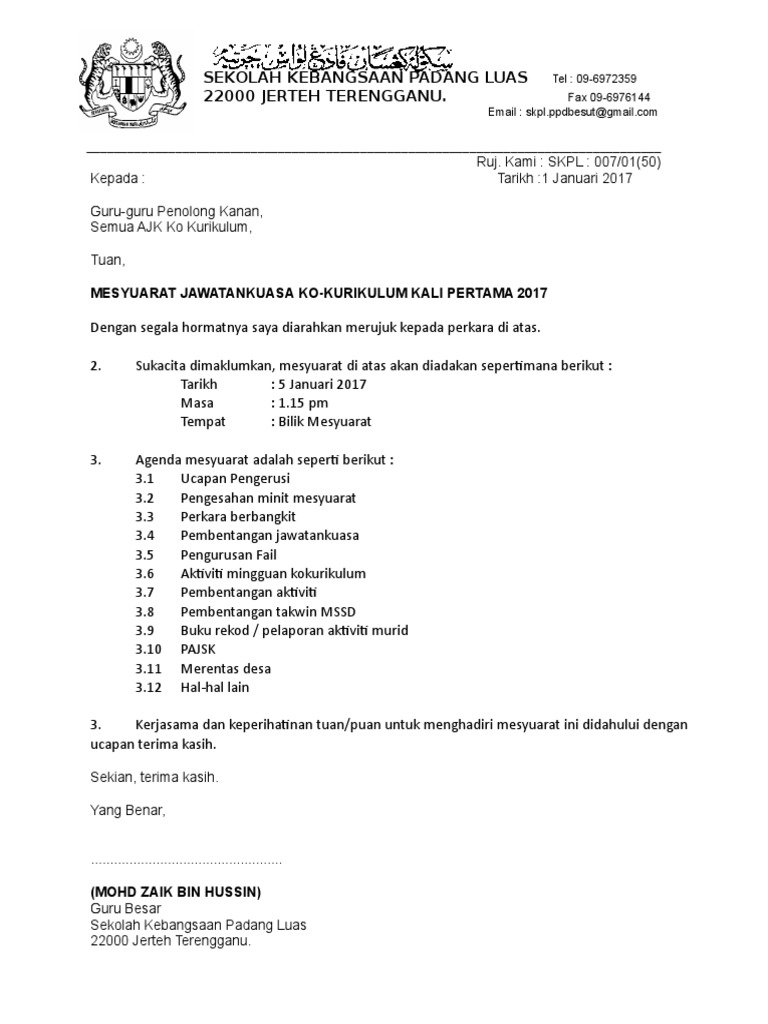 Surat Panggilan Mesyuarat Ko Kali Pertama 2017 Pdf