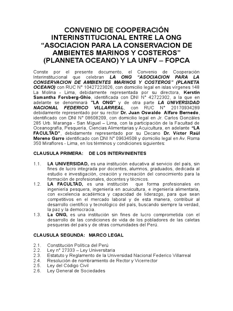 Convenio de Cooperación Interinstitucional Entre La Ong y La Unfv 2 ...