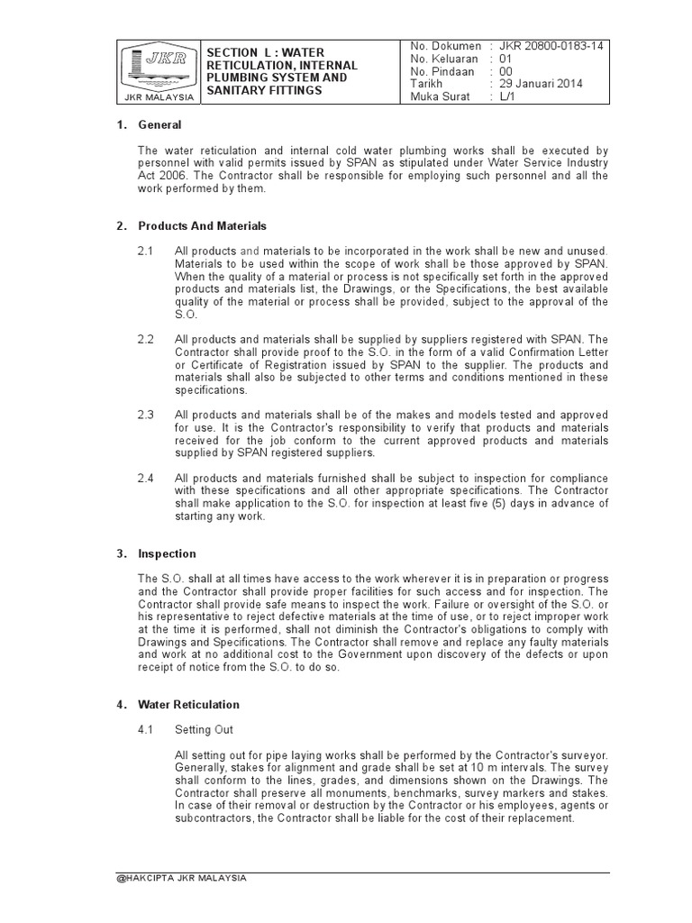 Section L - Water Reticulation, Internal Plumbing System and Sanitary ...