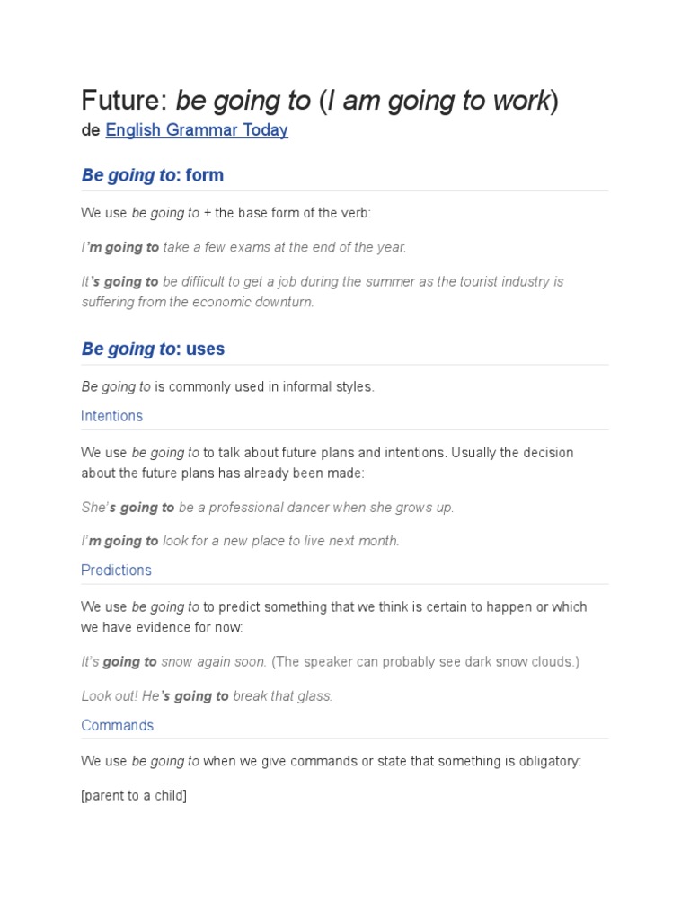 Future: Be Going To (I Am Going To Work) : English Grammar Today | PDF