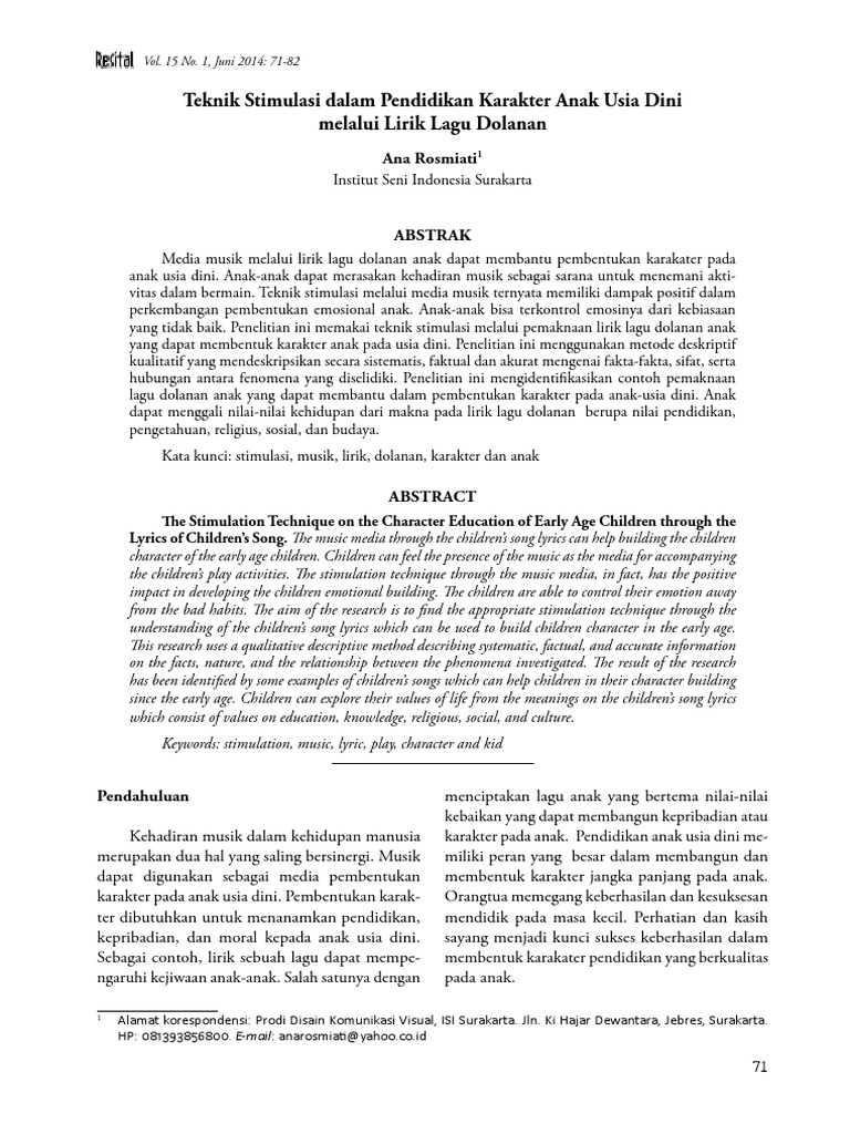 Teknik Stimulasi Dalam Pendidikan Karakter Anak Usia Dini Melalui Lirik Lagu Dolanan