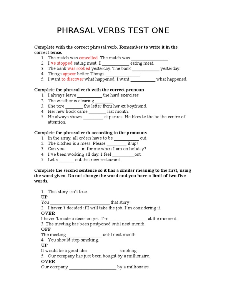 Phrasal Verbs Mini Test Grammar Drills 53218 | PDF | Verb | Linguistic ...