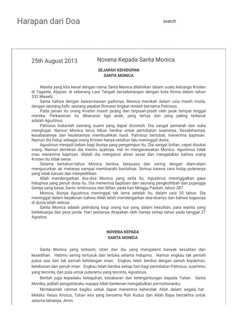Harapan Dari Doa Novena Kepada Santa Monica