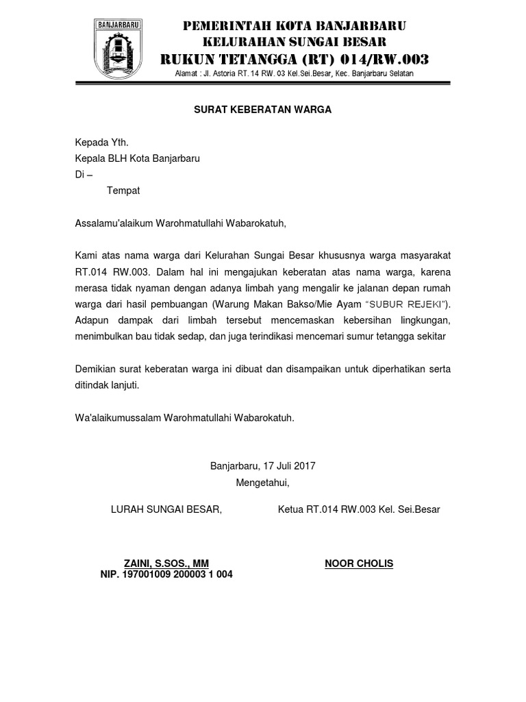 Surat Keberatan Rt 14 Rw 03