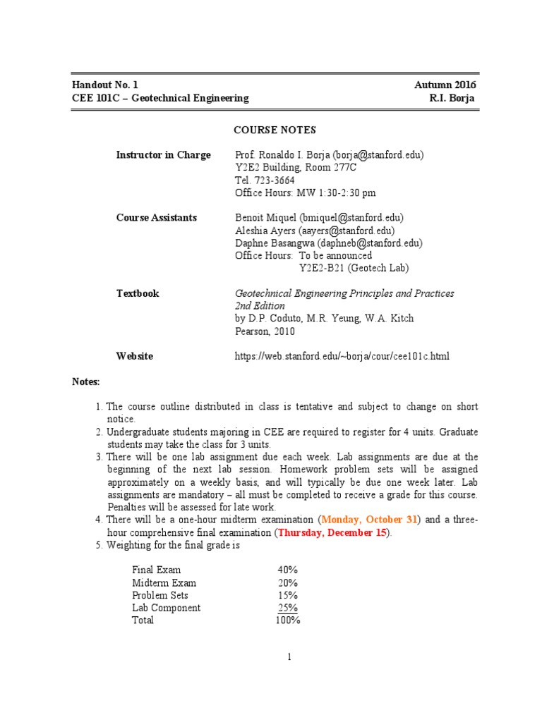 CEE 101C Geotechnical Engineering Course Outline PDF Materials