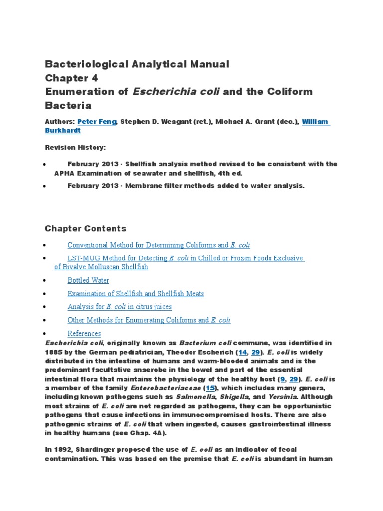 Bacteriological Analytical Manual Escherichia Coli Bottled Water