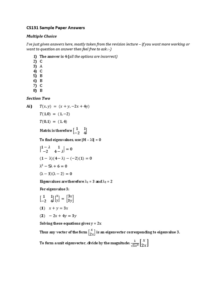 CS131 Exam Sample Answers and Solutions | PDF | Eigenvalues And ...