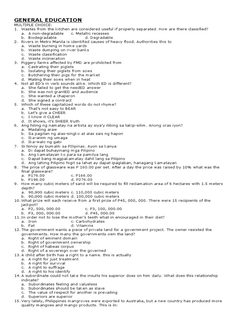 General Education Multiple Choice Quiz | PDF | Tagalog Language | Languages
