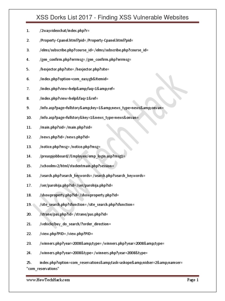 Xss Dorks List 2017 - Finding Xss Vulnerable Websites - Howtechhack | Pdf |  Computer Security Exploits | Web Browser