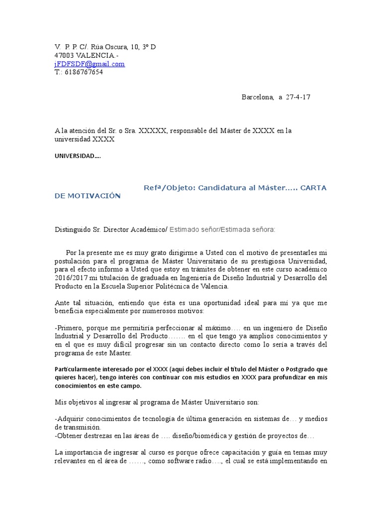 Carta de Motivacion para Master Universitario Ingeniería Science