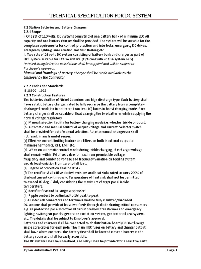 DC System Technical Specifications | PDF | Battery Charger | Battery ...