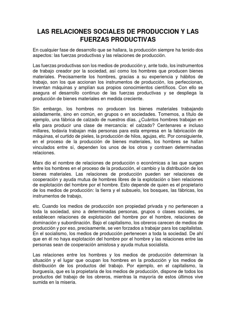 Las Relaciones Sociales de Produccion y Las Fuerzas Productivas Teoría marxista Capitalismo
