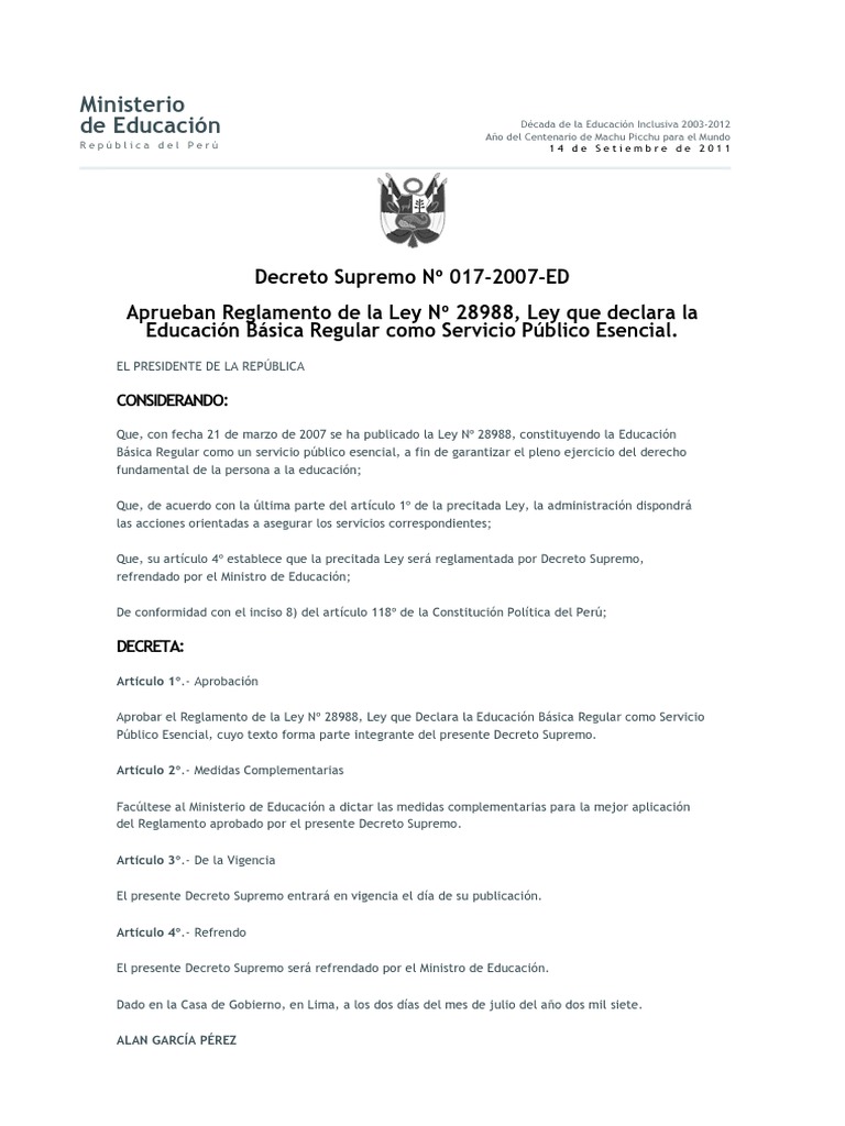 Reglamento de Ley que Declara la EBR como servicio 