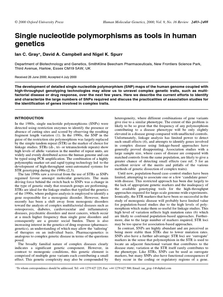 SNP As Tools in Genetics Gray Spurr Hum Mol Gen 9 16 2403 2000 Pmid ...