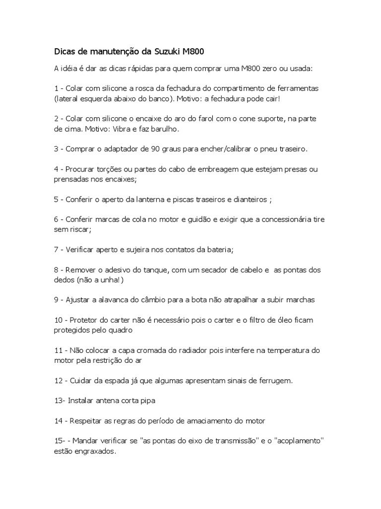 Dicas de Manutenção Da Suzuki M800 Boulevard | PDF | Óleo de motor |  Motocicleta