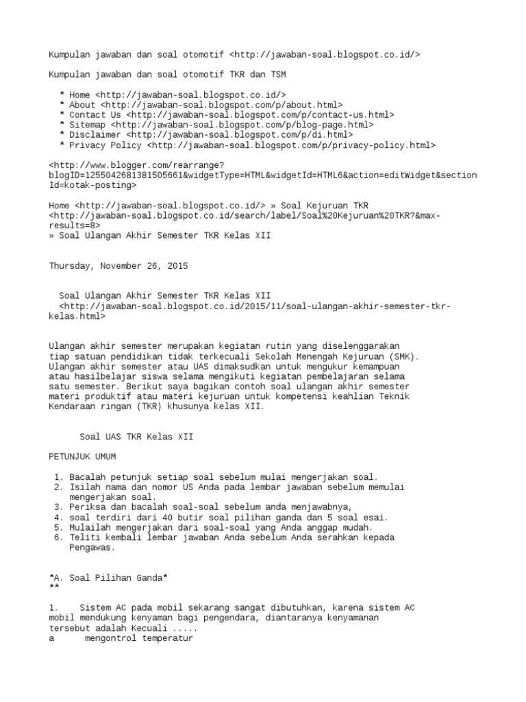 Soal Ulangan Akhir Semester TKR Kelas XII Kumpulan Jawaban Dan Soal Otomotif