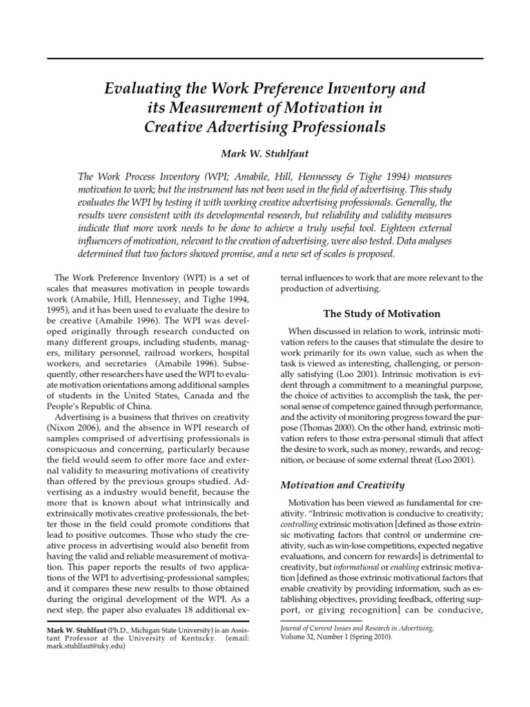 Work Preference Inventory Items and Scales PDF PDF Motivation