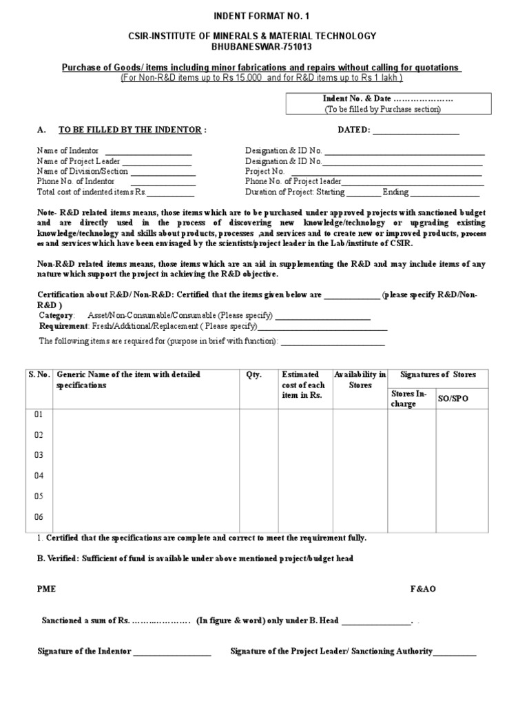 CSIR Purchase Indent Format Guide | PDF | Specification (Technical ...