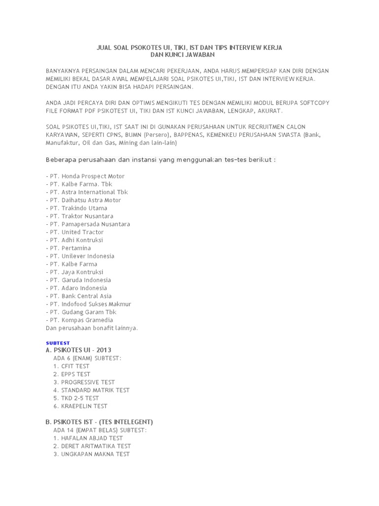 Soal Dan Jawaban Psikotes Pt Paragon Tahun Ajar