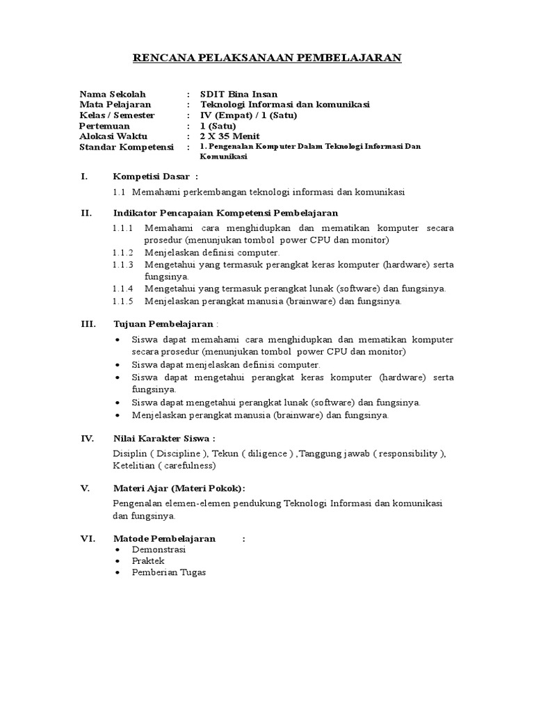 Rpp Tik Kelas 4 Sd