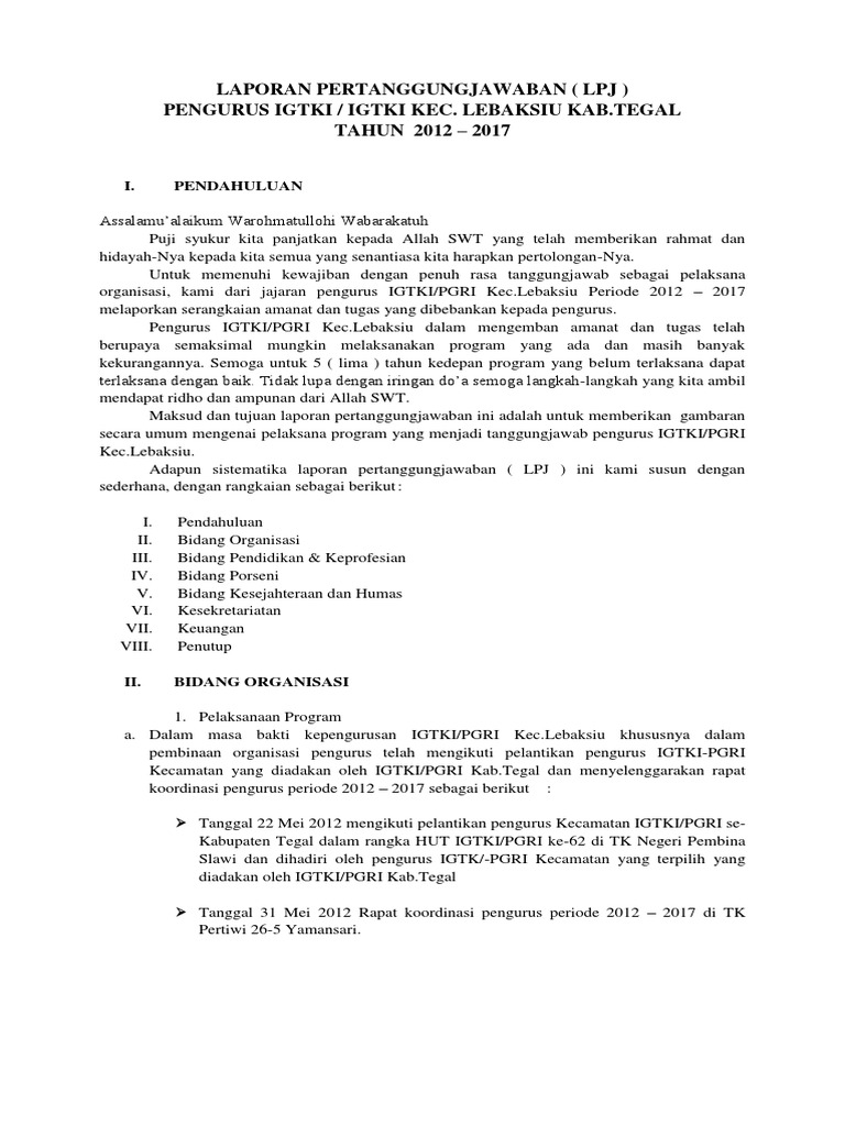 Contoh Laporan Pertanggungjawaban Organisasi Pgri Nusagates