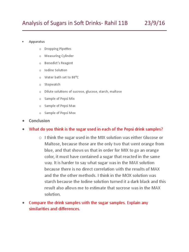 Analysis of Sugars in Soft Drinks | PDF | Chemistry | Beverages