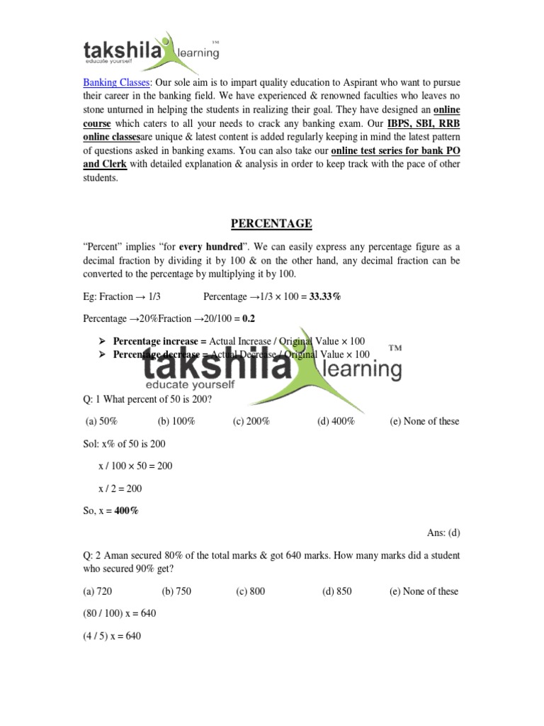 Percentage Questions for Banking Exams | PDF | Percentage | Fraction ...