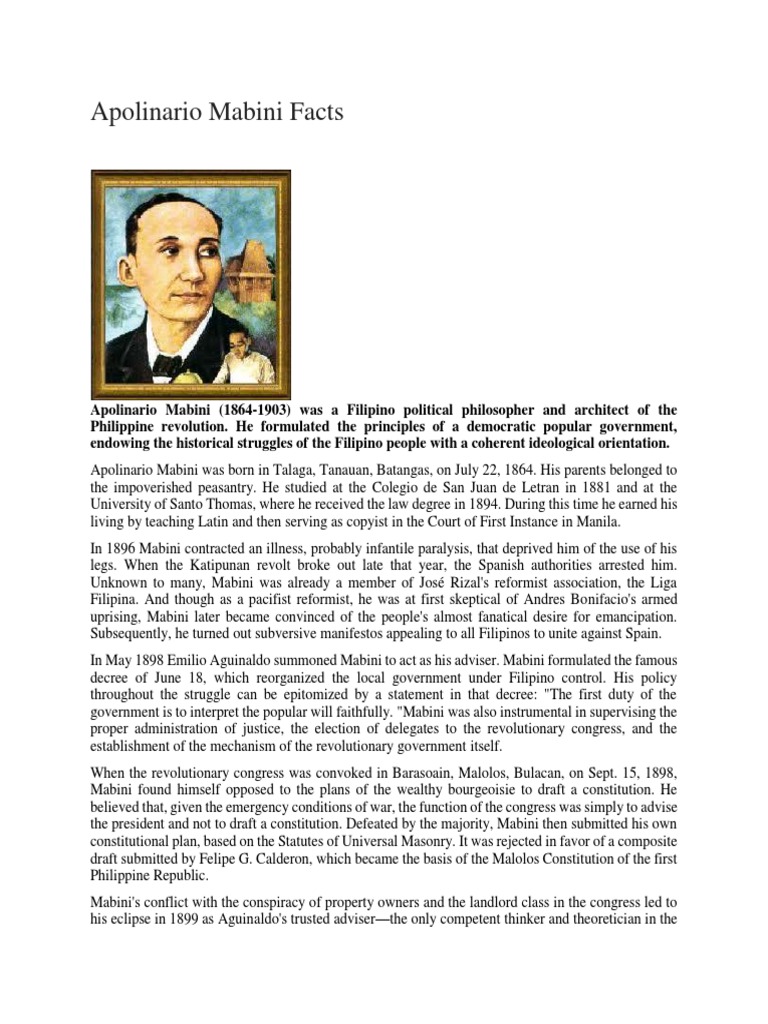 Apolinario Mabini Facts PDF Philippines Government