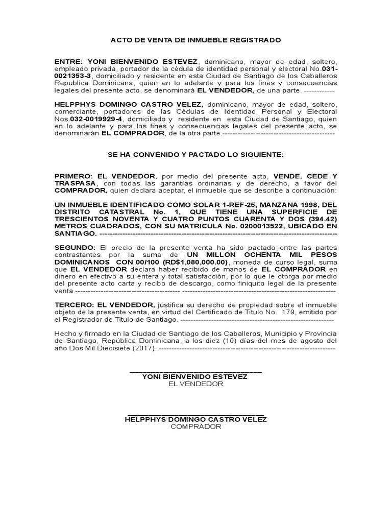 1) Contrato de Venta de Un Inmueble Registrado 1
