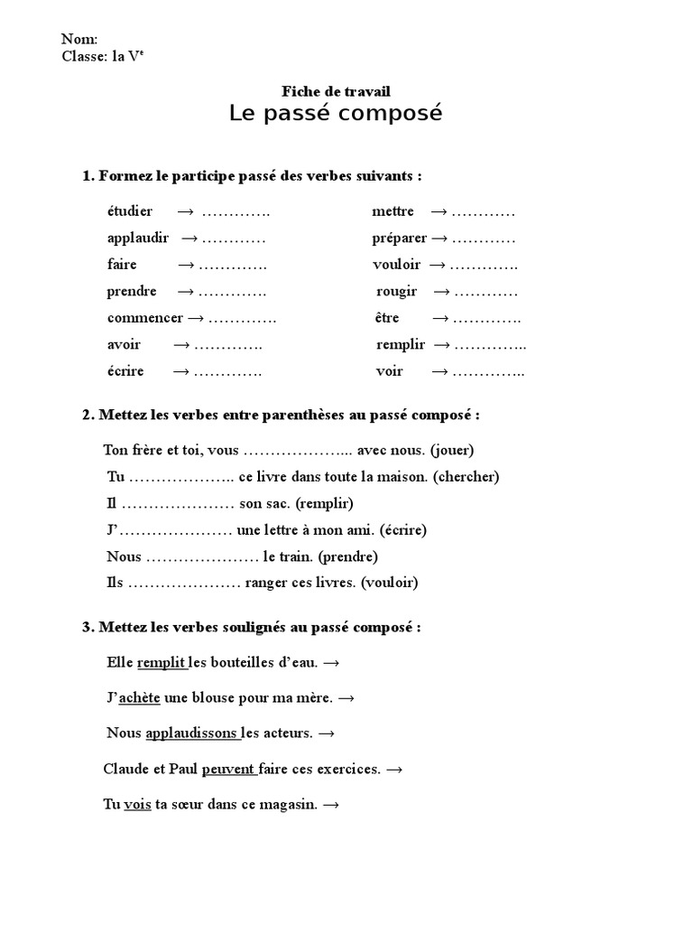 Passé Composé Mettre Fiche Passe Compose V | PDF