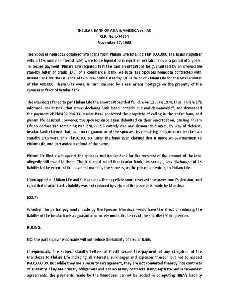 Letters Of Credit Digest Insular Bank Of Asia V Iac Money Common Law