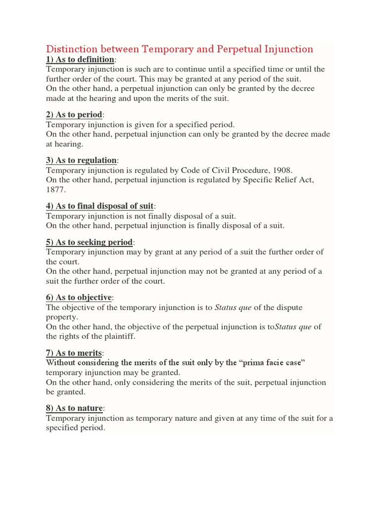 Differences Between Temporary and Perpetual Injunctions | PDF ...