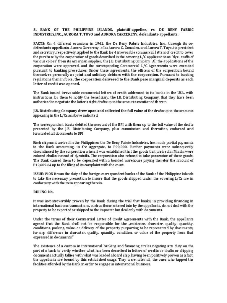 8 Bpi V De Reny Letter Of Credit Banks
